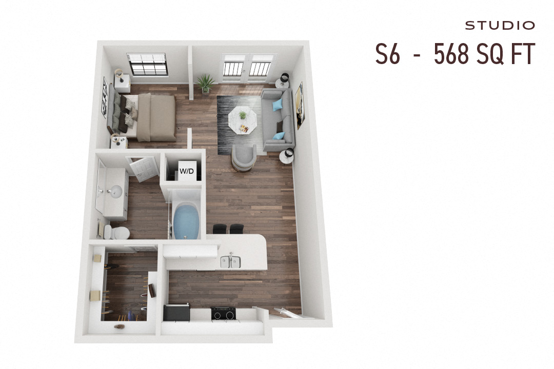 Floor plan for studio, 1 bath, 568 sqft